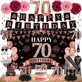 Sx00328 Eucutur 42pcs 70th Birthday Decoration Kit For Women Rose Gold Happy Bday Banne