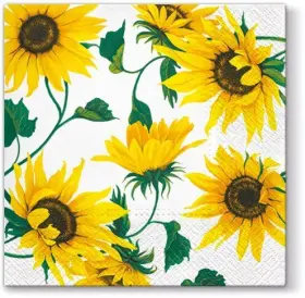 European Excellency 906360166064 Beverage Napkins Sunflowers On White 40pcs 5x5 Paper Cocktail Sunflo