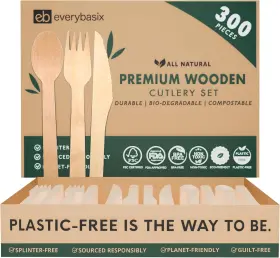 Everybasix 198168046838 100% Compostable Utensils Disposable Cutlery Set Of 300 - Eco Friendly Wooden Ut