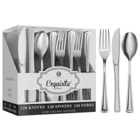 Exquisite 743795944684 480 Pack Silver Plastic Silverware - 240 Forks 120 Spo