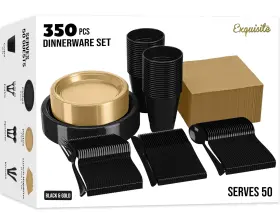 Exquisite 810144494074 350 Pcs Plastic Dinnerware Set Includes 50 Each Of 9ft Black Plates