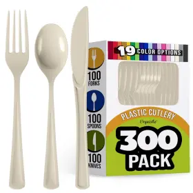 Exquisite 810173100212 300 Pack Ivory Plastic Cutlery Set Silverware Heavy Duty Utensil