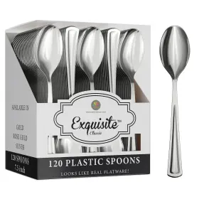 94400 Exquisite 120 Pack Silver Plastic Spoons Heavy Duty - Disposable Silverware Si