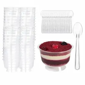 Ayk-001 Eynel Clear Durable Footed Dessert Cups With Spoons - 7oz Plastic Slanted Parfait A