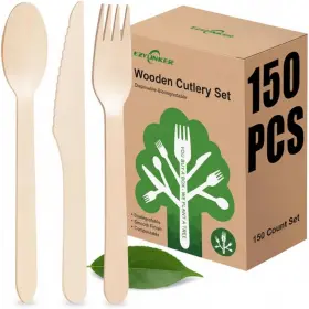 Ezylinker 758890458745 150 Count Disposable Wooden Cutlery Set - Alternative To Plastic Eco Friendly