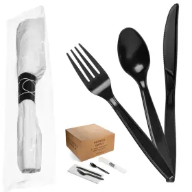 Faithful Supply 727040210496 200ct Black Prewrapped Cutlery Set Disposable Pre Rolled Silverware Disp