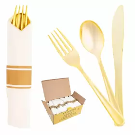 Faithful Supply 860009584402 Gold Wrapped Cutlery Set With Napkin 50ct Heavy Duty Disposable Party Utensils