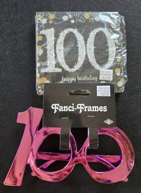 Fanci-frames 391-321 Fanci-frames 100th Birthday Napkins And Pink Novelty Glasses Set Black Gold