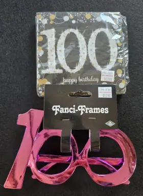 391-321 Fanci-frames 100th Birthday Napkins And Pink Novelty Glasses Set Black Gold