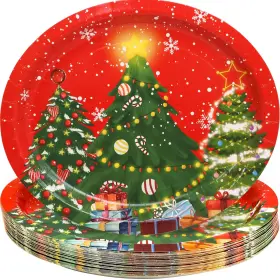 Plates0606 Fancy Land Christmas Tree Oval Paper Plates Holiday Serving 10x12 Inches Red