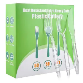 Fascryla 768531915445 150pcs Clear Plastic Silverware Extra Heavy Duty Disposable Cutlery Set 50 Fo