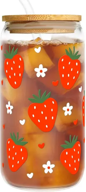 16-berry Fatwongcoi Strawberry Cup - 16oz Glass Coffee Cups With Designs 16 Ounces Red