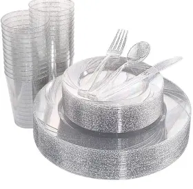 Fdw 664111751161 150pcs Silver Plastic Plates Disposable - Winter Wonderland Party Decorations
