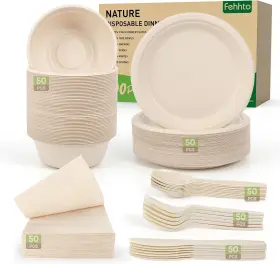 Ycx-004 Fehhto Disposable Paper Plates Set 300pcs Compostable Sugarcane