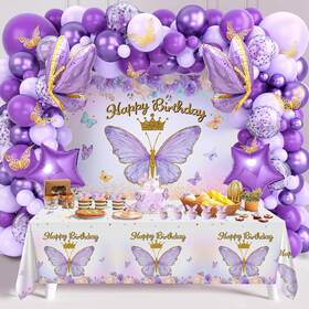 Fengrise B0cmh3glrm Purple Butterfly Balloon Arch Kit Happy Birthday Backdrop Girl Party Decoratio