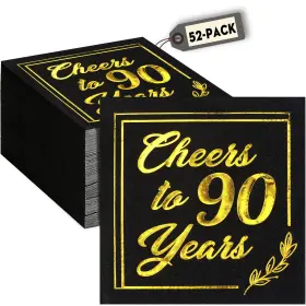 Fenyor7i 732214641570 90th Birthday Decorations 52 Pcs Black Gold Napkins Cheers To 90 Years Party