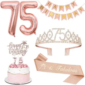 Feselry080-75th Fesciory 75th Birthday Decorations Set Tiara Sash Banner Cake Toppers Balloons