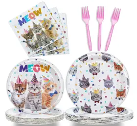 Plates053-cat Fesciory 96 Pcs Cat Birthday Party Plates Napkins Forks Supplies Tableware Set