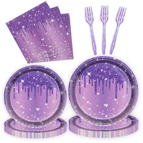 Plates087-shiny Fesciory 96 Pcs Purple Silver Plates And Napkins Party Supplies Disposable Forks Pape