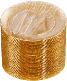 Festiva 711181118544 200pcs Gold Glitter Dessert Plates 6.3 Inch With Forks 5 -small Plastic Dess