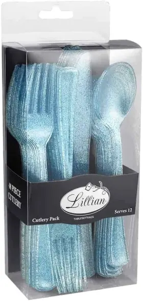 37263 Fiahng Blue Glitter Plastic Cutlery Set 48-pack - Disposable Party And Home Flatware