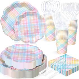 Filltouch Wen-filltouch-3345 50 Sets Easter Spring Pastel Gingham Disposable Tableware Paper Plates