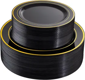 Et100 Flowercat 313092533579 100pcs Black And Gold Disposable Plates - 50 Dinner 10.25inch Dessert 7.5in