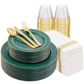 Flowercat 724494378987 175pcs Green Plastic Plates With Gold Rim&christmas Plates&green An