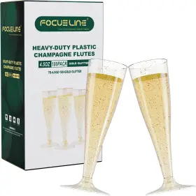 4.5oz-100-gold Focusline 100 Pack Plastic Champagne Flutes 4.5 Oz Gold Glitter Champag