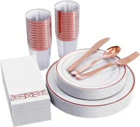Focusline 445051017066 175 Count Rose Gold Dinnerware Set For 25 Guests - Rimmed Wh