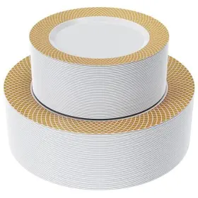 Focusline 719209483568 Gold Plastic Plates Set Of 102 Disposable With Grid Rim 51 Dinner Pl