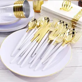 Focusline 719209483575 120pcs Gold Plastic Plates Disposable White And Rim Includin