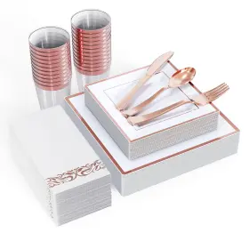 Focusline 719209483612 175 Piece Rose Gold Dinnerware Set For 25 Guests- Square Plastic Plates With