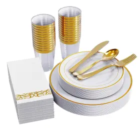 Focusline 719209483629 175pcs Gold Dinnerware Set For 25 Guests White Plastic Plates With Rim
