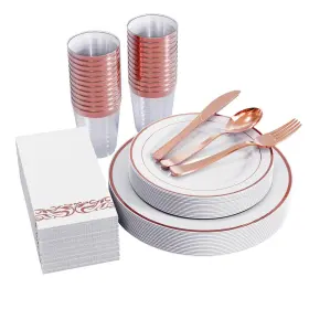 Focusline 719209483636 175pcs Rose Gold Dinnerware Set For 25 Guests White Plastic Plates With