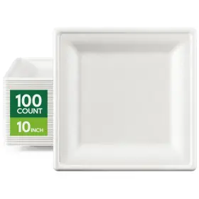 Focusline 719209483681 100% Compostable Paper Plates 10 Inch 100 Pack Heavy Duty Disposable Square Dinn