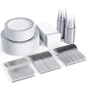 Focusline 719209483711 350pcs Silver Dinnerware Set For 50 Guests Lace Plastic Plates Dispos
