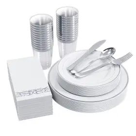 Focusline 719209483759 175pcs Silver Dinnerware Set For 25 Guests White Plastic Plates Wit