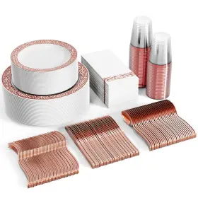 Focusline 719209484268 350 Ct Rose Gold Dinnerware Set For 50 Guests Lace Plastic Plates