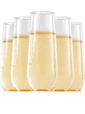 Focusline 748250885687 24 Pack 9 Oz Clear Plastic Champagne Flutes Stemless Glass
