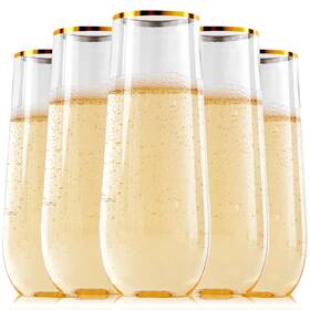 Focusline 748250885694 24 Pack 9 Oz Plastic Stemless Gold Rim Champagne Flutes Heavy Duty Shatterp