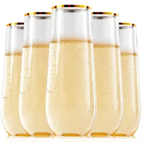Focusline 748250885694 24 Pack 9 Oz Plastic Stemless Gold Rim Champagne Flutes Heavy Duty Shatterp