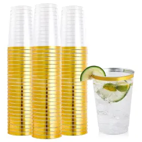 Focusline 788703497142 100 Pack 12 Oz Gold Rimmed Plastic Cups Ounce Clear Tumblers H