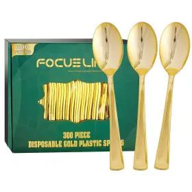 Focusline 788703497227 300 Pack 6.8 Inch Disposable Gold Plastic Spoons Solid And Durable Cutle
