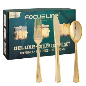 Focusline 788703497685 300 Count Gold Plastic Silverware Set - 100 Forks Knives Spoons H