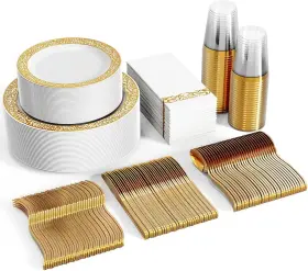 Focusline 800689596548 350pcs Gold Dinnerware Set For 50 Guests Lace Plastic Plates Disposable