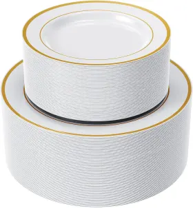 Fl120plate-g Focusline 120pcs Gold Plastic Plates Disposable White And Rim Plat