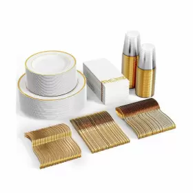 Fl350lbgold Focusline 350pcs Gold Dinnerware Set For 50 Guests Rimmed Plastic Plate