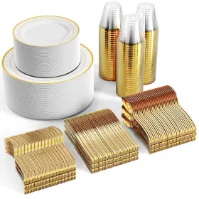 Fl600plate-g Focusline 600 Ct Gold Dinnerware Set For 100 Guests - Rimmed White Disposable Plas