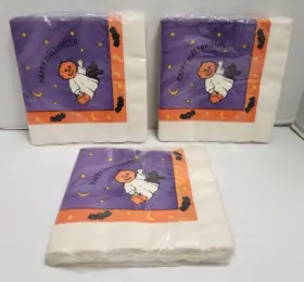 Forget Me Not 018100506629 Lot Of 3 Halloween Pumpkin Ghost Black Cat Luncheon Napkins Nos